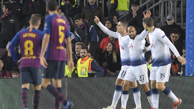 Lucas Moura celebra un gol en esta Champions.