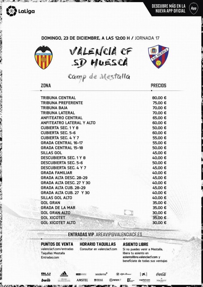 La lista de precios para el Valencia CF - SD Huesca. Foto: Valencia CF