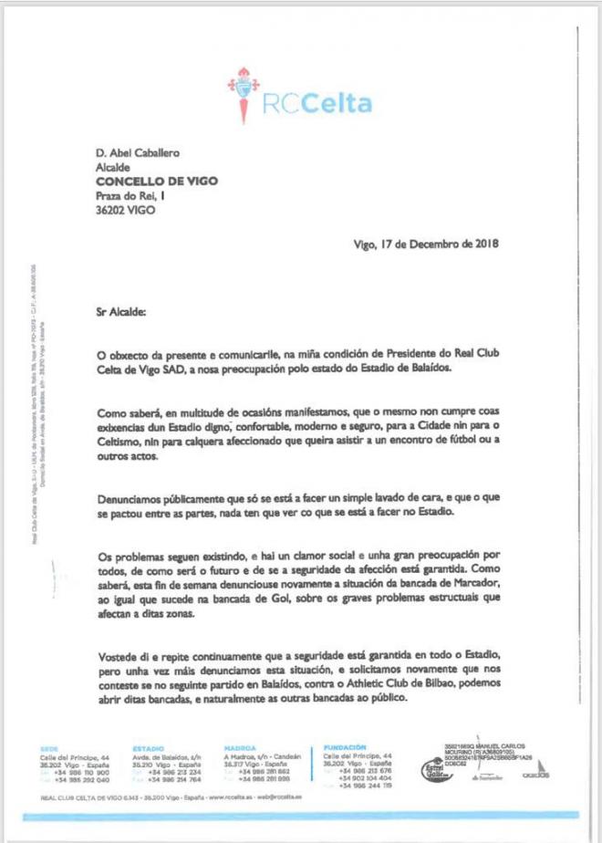 Documento enviado por el Celta de Vigo al Concello (Foto: @CopeVigo).