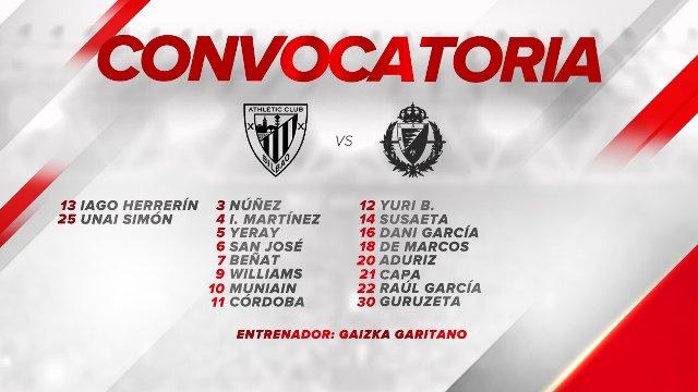 Los 18 jugadores citados por Gaizka Garitano ante el Valladolid (Foto: Athletic Club).