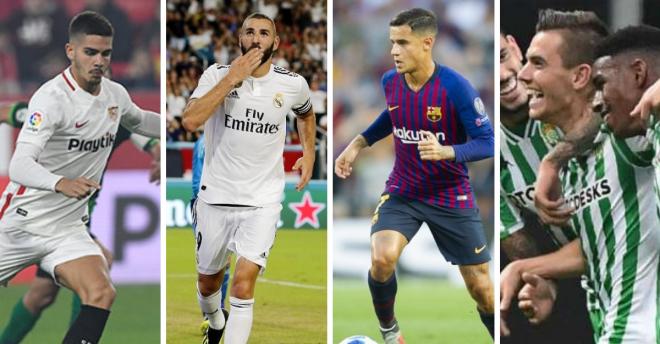 De izquierda a derecha, André Silva, Benzema, Coutinho y Lo Celso.