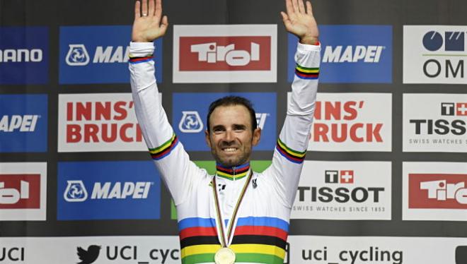 El ciclista Alejandro Valverde, una de las veces que fue campeón del mundo.