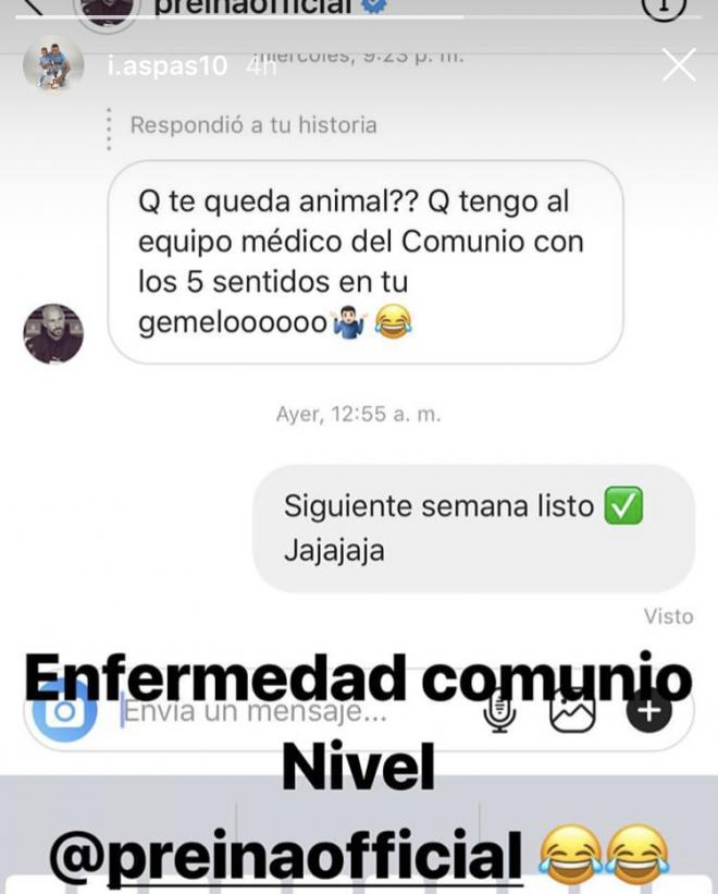 Conversación en Instagram entre Iago Aspas y Pepe Reina.