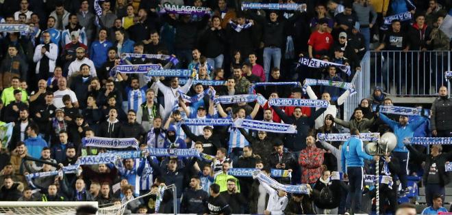 La afición del Málaga, durante el partido ante el Lugo.