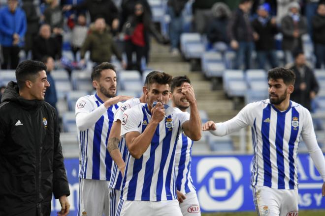 Diego Jiménez celebra su gol al Badajoz. (Clara Verdier)