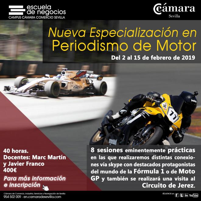 Cartel del curso de la especialización en Periodismo de Motor.