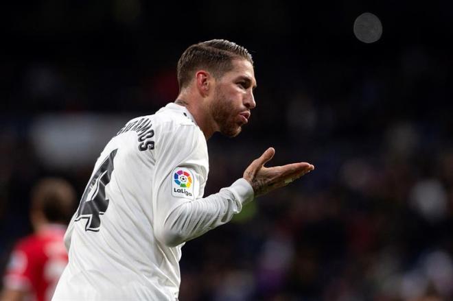 Sergio Ramos celebra su segundo gol en el Real Madrid-Girona.