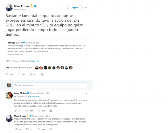 Disputa entre Marc Crosas y Jorge Molina en redes sociales.