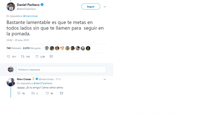 Disputa entre Marc Crosas y Pacheco en redes sociales.