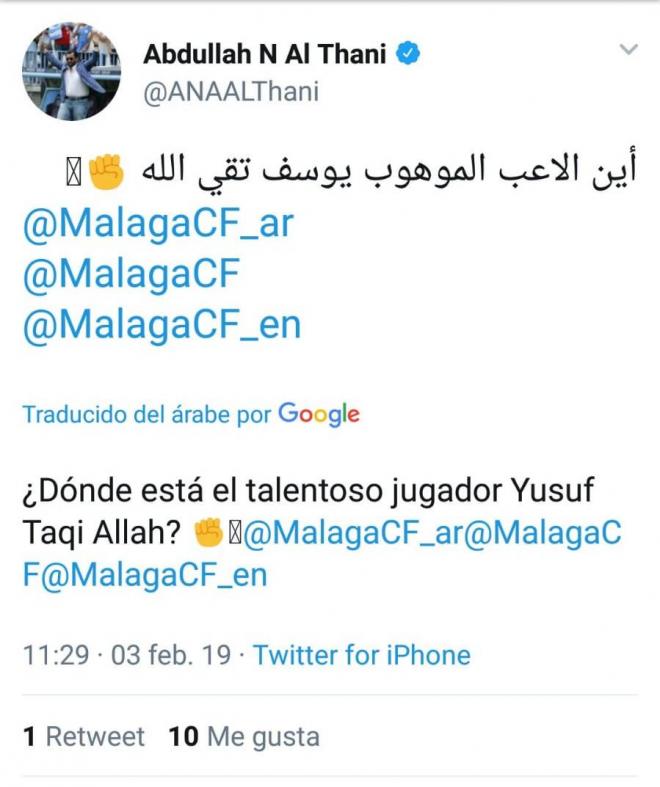 Captura del tuit de Al Thani sobre Youssef Takioullah.