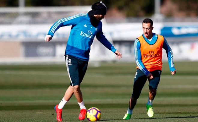Benzema y Lucas Vázquez, en un entrenamiento del Real Madrid.