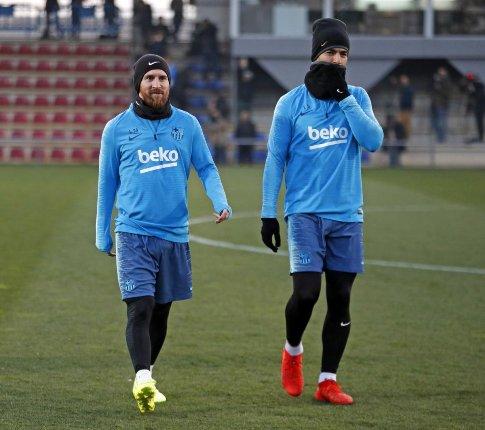 Leo Messi junto a Luis Suárez durante el último entrenamiento previo a la visita a San Mamés (Foto: FC Barcelona).