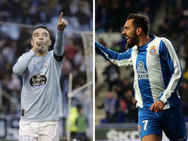 Aspas y Borja Iglesias celebrando un gol con el Celta y el Espanyol, respectivamente.