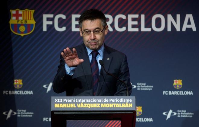El presidente del FC Barcelona, Josep Maria Bartomeu, durante su intervención en el acto de entrega del XIII Premio Internacional de Periodismo Deportivo Manuel Vázquez Montalbán.