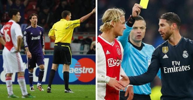 La expulsión de Ramos en el Ajax-Real Madrid de 2010 y la amarilla ante los holandeses en 2019.