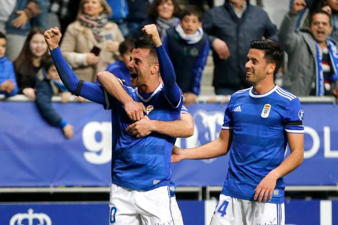 Tejera celebra un gol en el Tartiere en la temporada pasada.