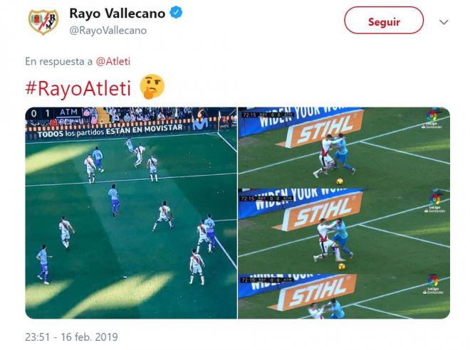 Tuit del Rayo Vallecano protestando por las dos acciones polémicas ante el Atlético de Madrid.