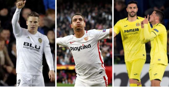 Gameiro, Ben Yedder e Iborra con Fornals celebran el pase de Valencia, Sevilla y Villarreal a octavos de Europa League.