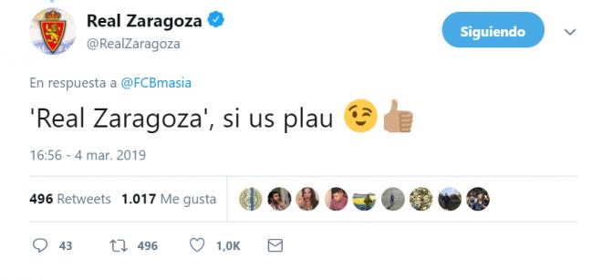 Tweet del Real Zaragoza contestando a la cuenta de la cantera del FC Barcelona. (Fuente: Twitter).