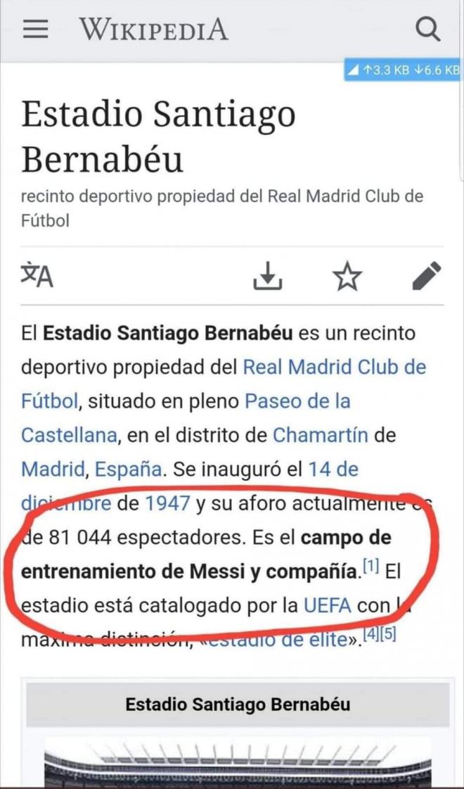 La entrada de la Wikipedia sobre el Santiago Bernbabéu hackeada.