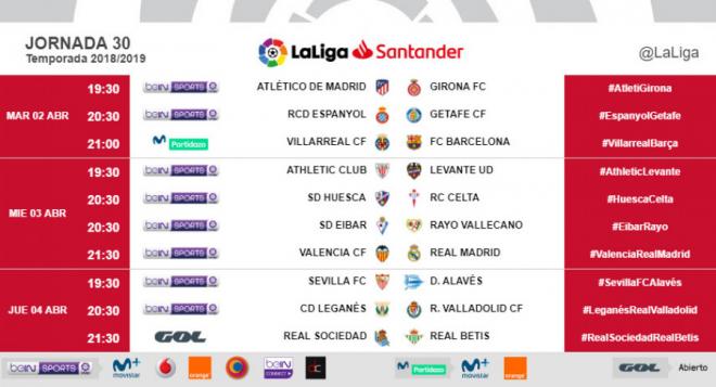 Horarios de la Jornada 30 de LaLiga Santander.