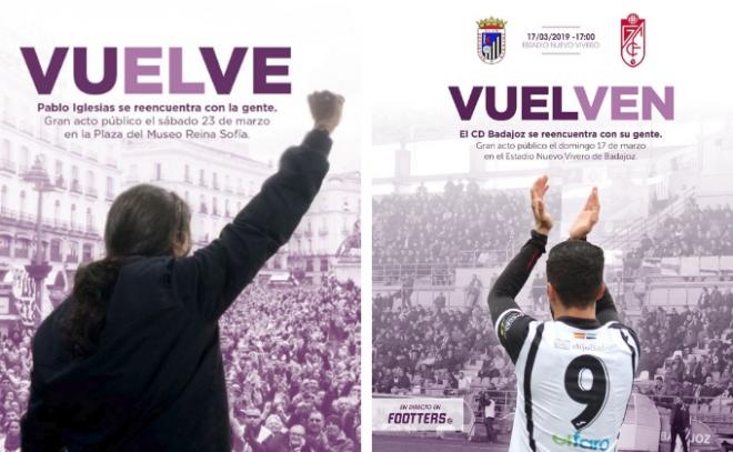 Carteles de Pablo Iglesias con Podemos y del Badajoz en la previa ante el Granada B.