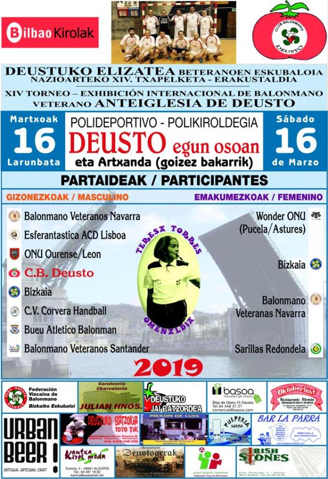Cartel del XIV Torneo de Veteranos de balonmano que se va a disputar en el polideportivo de Deusto.