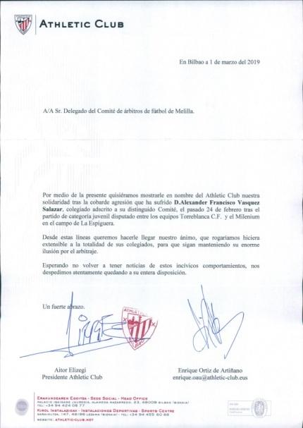 Carta enviada por el Athletic Club al Comité Técnico de Árbitros de Melilla (Foto: CTA Melilla).