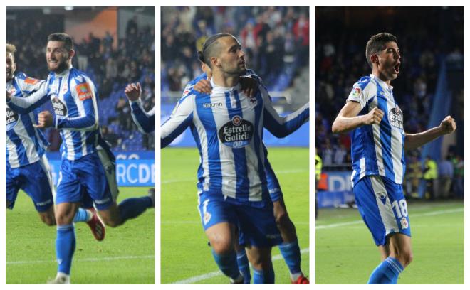 Borja Valle, Quique González y Carlos Fernández celebran algunos de sus goles con el Dépor.