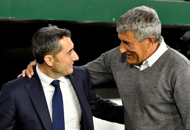 Saludo entre Valverde y Setién en el Betis-Barcelona.