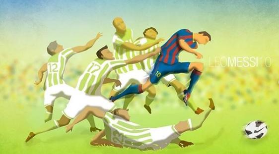Representación de Leo Messi enfrentándose a los jugadores verdiblancos.