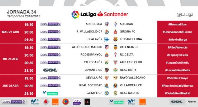 Los horarios de la jornada 34 de LaLiga Santander.
