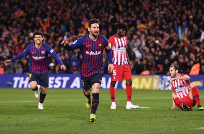 Leo Messi celebra su gol en el Barcelona-Atlético de Madrid de la jornada 31.