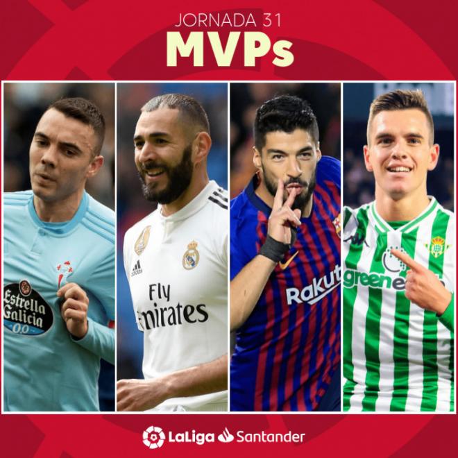 Aspas, Benzema, Luis Suárez y Lo Celso, candidatos a MVP de la jornada 31 en LaLiga Santander.