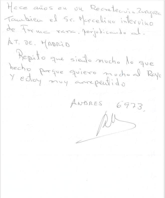 Carta disculpa aficionado Rayo a Marcelino