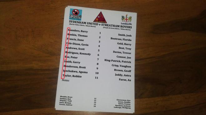 Ficha del Sydenham-Streatham Rovers, con las iniciales de los futbolistas locales formando un claro mensaje.