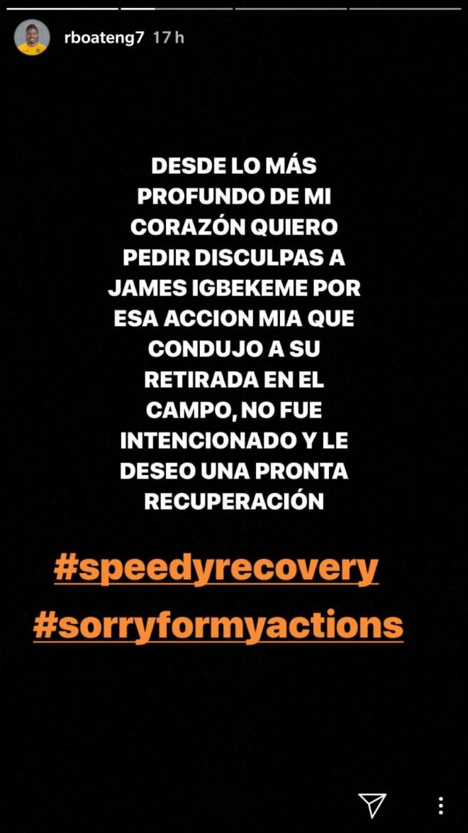 Mensaje de Richard Boateng pidiendo perdón a James en su Instagram. (Fuente: Instagram).