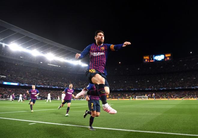 Messi celebra uno de sus goles ante el Manchester United (Foto: UEFA).