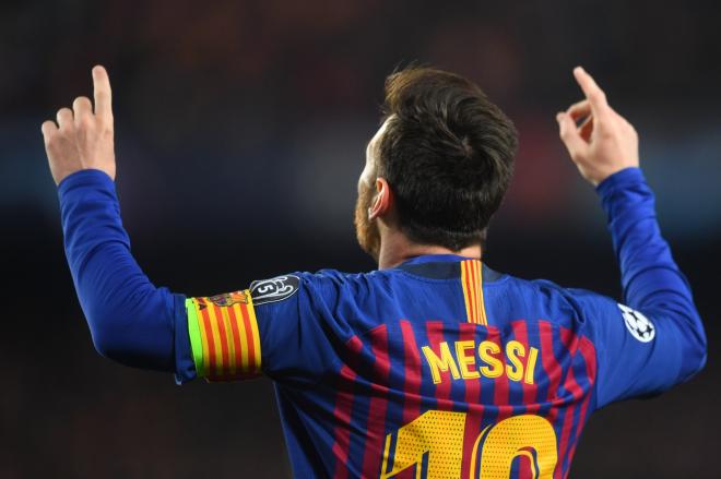 Messi celebra uno de sus goles ante el Manchester United (Foto: UEFA).