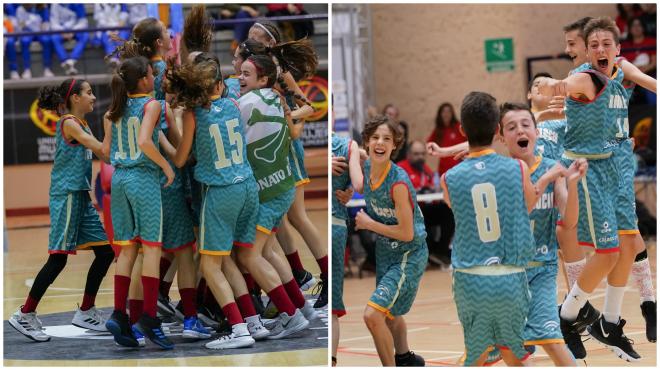 Las dos selecciones andaluzas celebran el título (Fotos: FEB).