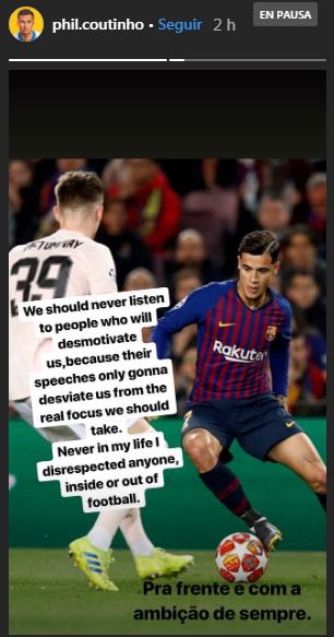 El mensaje de Coutinho en Instagram.