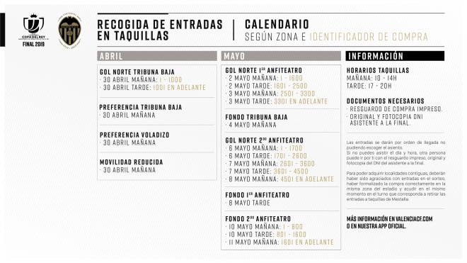 Calendario de recogida de entradas para la final de la Copa del Rey.
