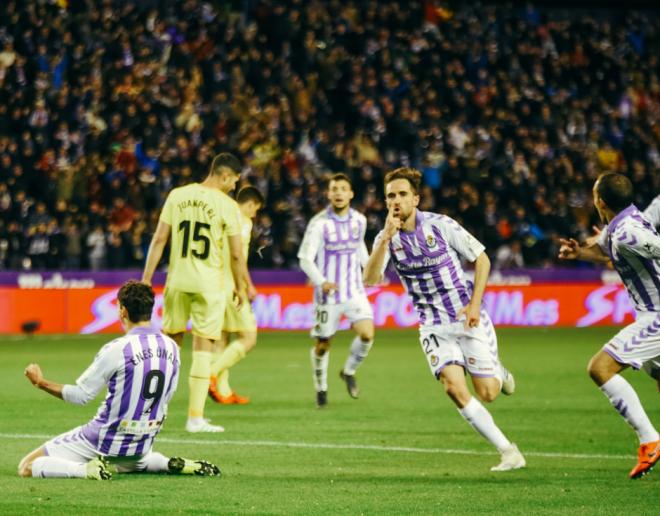Míchel Herrero celebra el gol de la victoria ante el Girona FC el pasado martes (Foto: Real Valladolid).