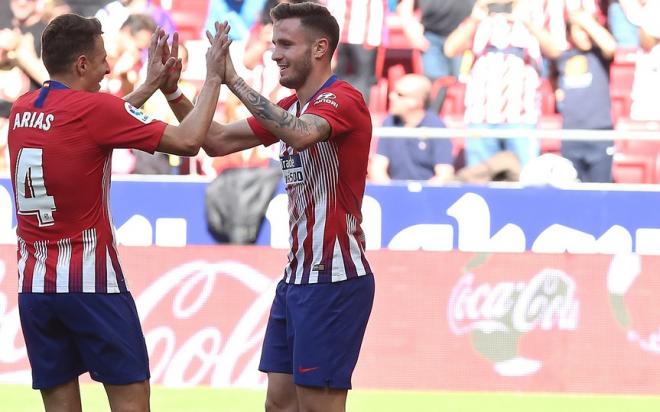 Arias y Saúl celebran el único gol del partido (Foto: ATM).