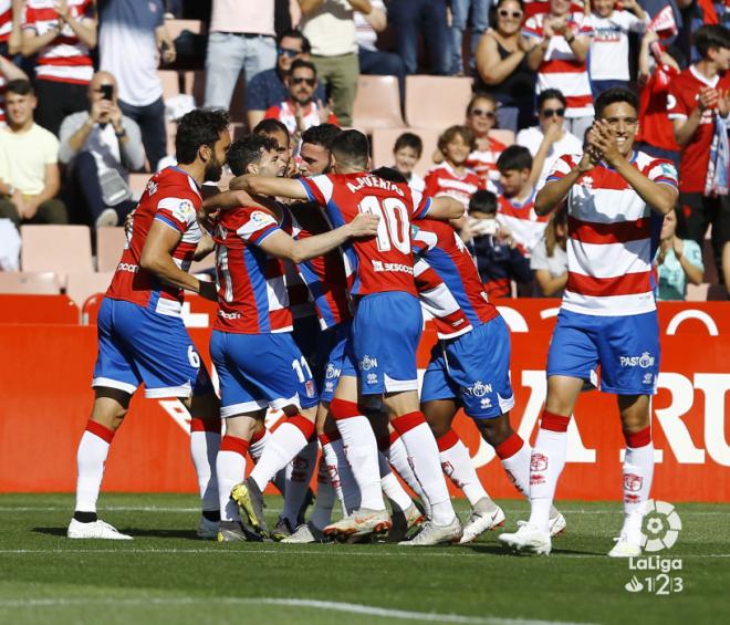 Los jugadores del Granada, celebrando uno de sus goles al Nàstic.
