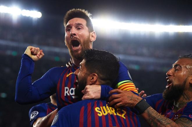 Messi celebra uno de sus goles ante el Liverpool (Foto: UEFA).