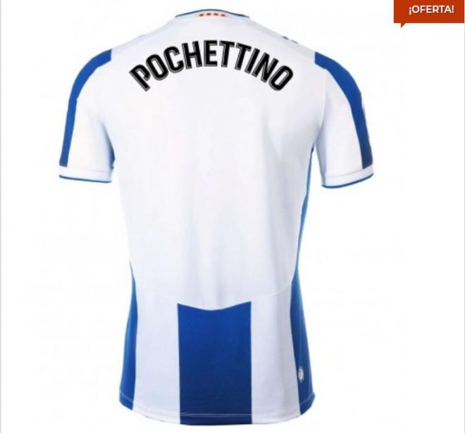 La camiseta de Pochettino a la venta en la web del Espanyol.