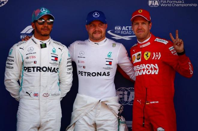 Lewis Hamilton, Valteri Bottas y Sebastian Vettel posan en el Gran Premio de España.