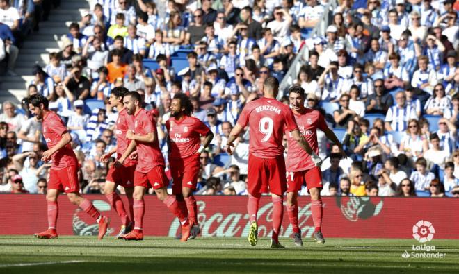 Los jugadores del Real Madrid celebran el gol de Brahim (Foto: LaLiga Santander).