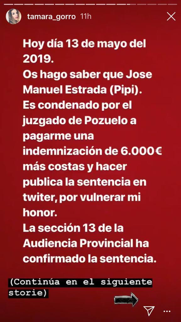 Mensaje de Tamara Gorro en Instagram tras ganar el juicio a Pipi Estrada.